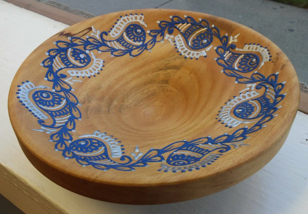 Tidal Cool Hand Carved Wooden Bowl W/ Acrylic Henna Painting Henna Art And Decor