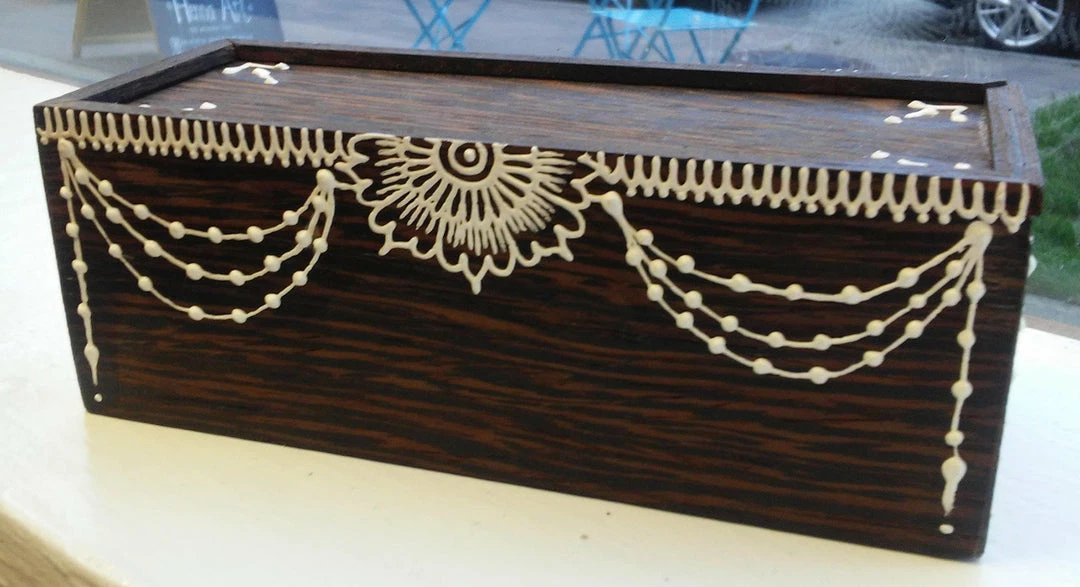 Tidal Cool Henna Art And Decor Hand Carved Wooden Slide-Lid Box W/ Acrylic Henna Painting