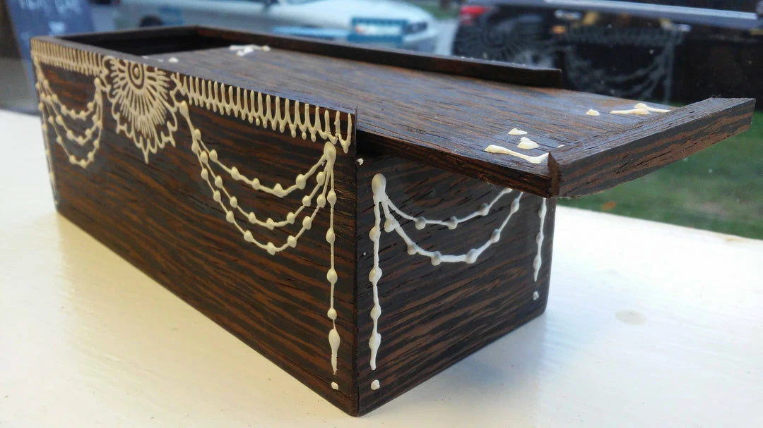 Tidal Cool Henna Art And Decor Hand Carved Wooden Slide-Lid Box W/ Acrylic Henna Painting