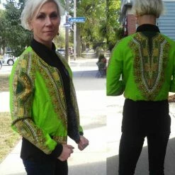 Tidal Cool Lime Green Dashiki Unisex Bomber Jacket, Fully Reversible