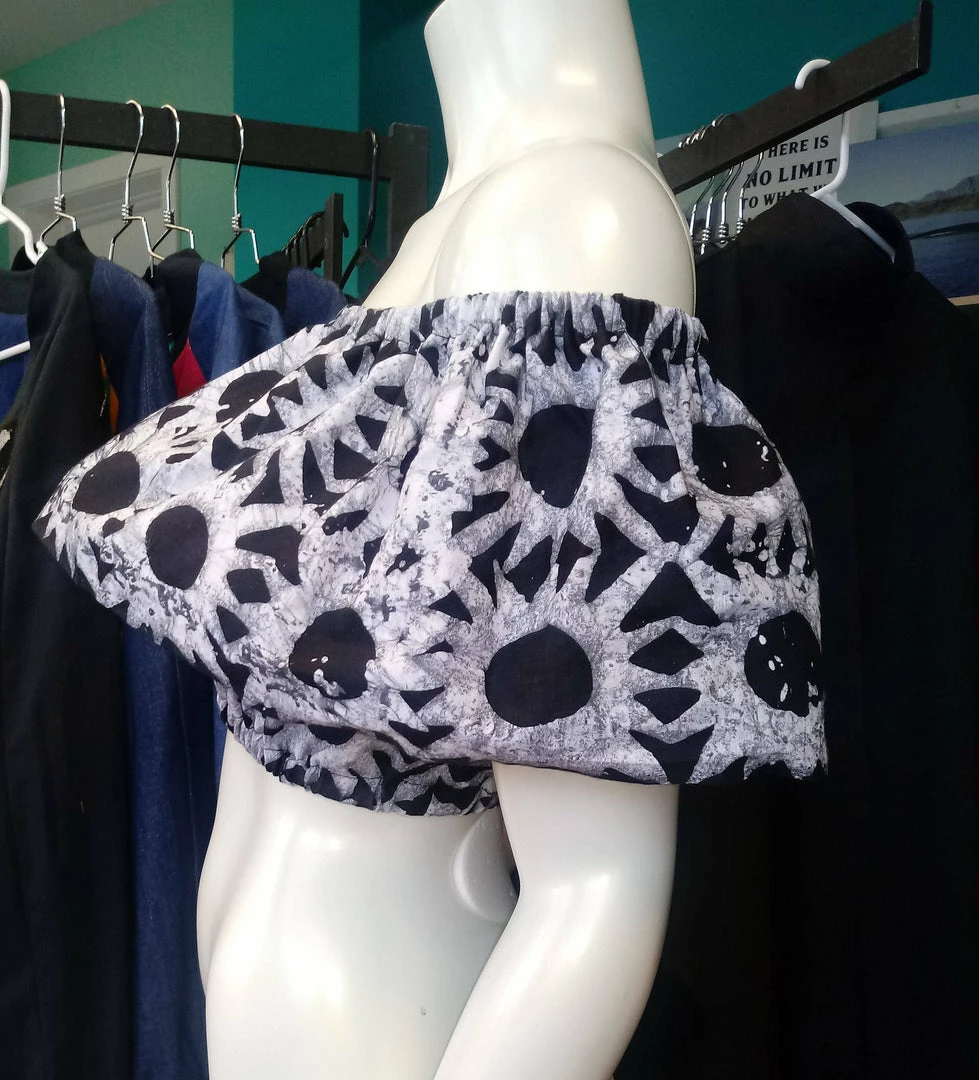 Tidal Cool Off Shoulder African Batik Flounce Crop Top Tops And Ponchos