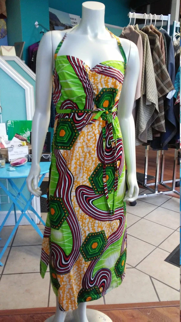 Tidal Cool Halter Wrap Dress In African Wax Block Cotton