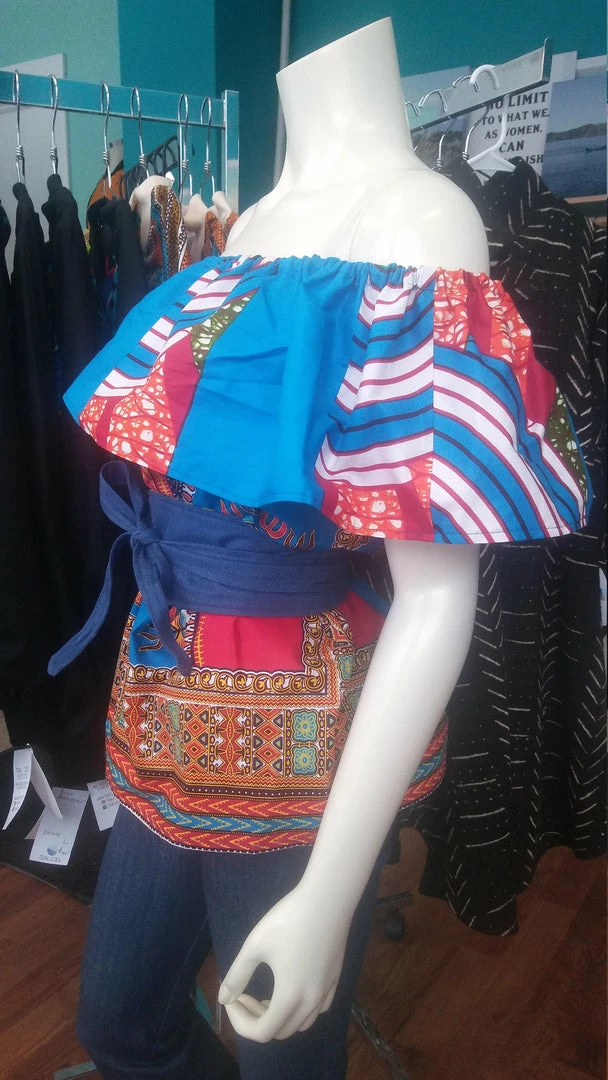 Tidal Cool Ankara Wax Block Flounce Top In African Dashiki Print Cotton