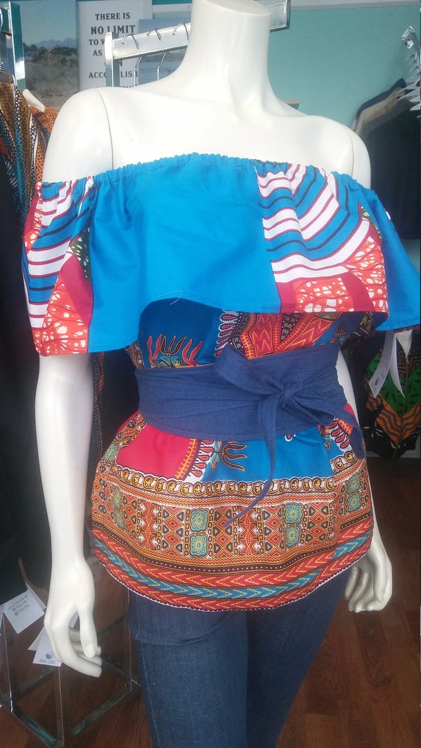 Tidal Cool Ankara Wax Block Flounce Top In African Dashiki Print Cotton