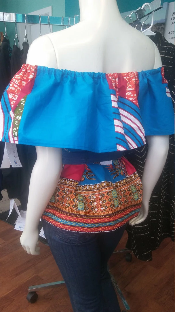 Tidal Cool Ankara Wax Block Flounce Top In African Dashiki Print Cotton