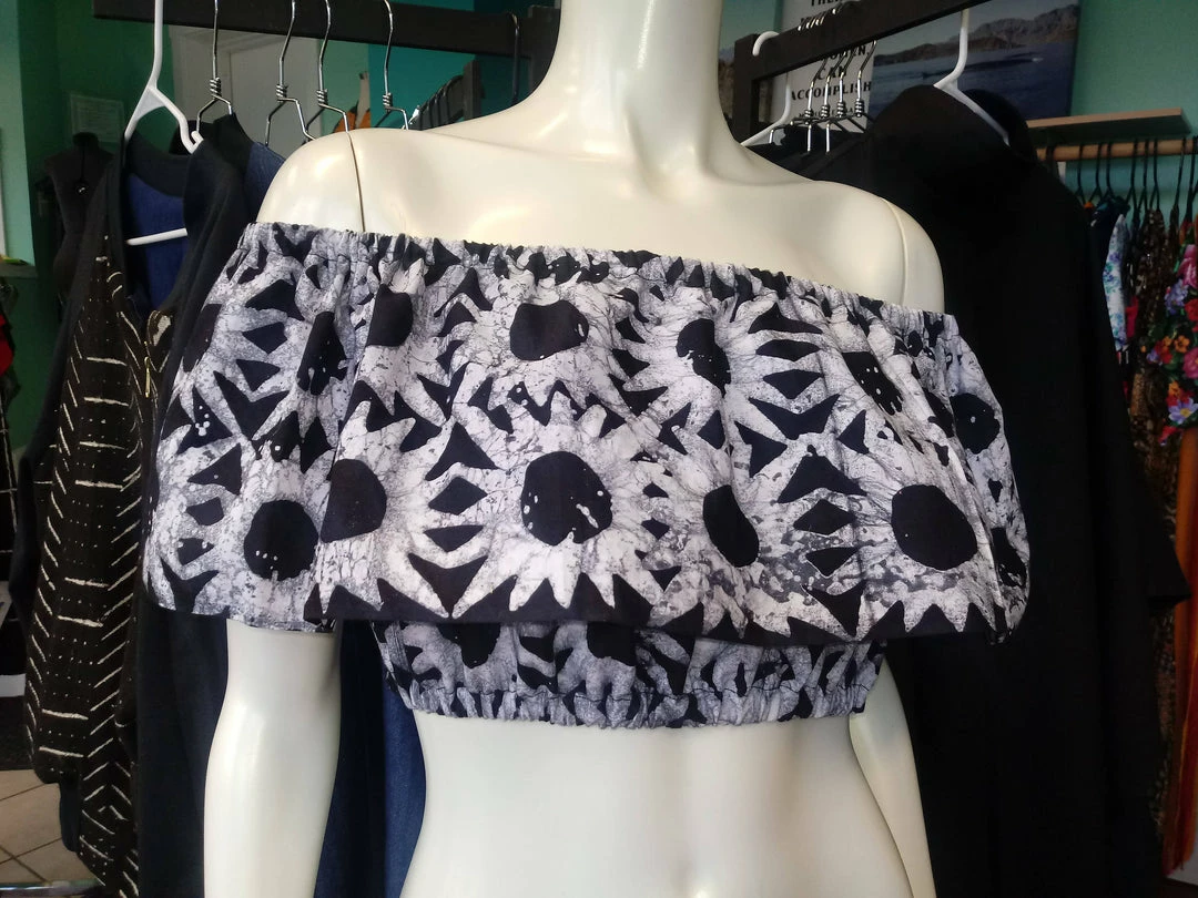 Tidal Cool Off Shoulder African Batik Flounce Crop Top Tops And Ponchos