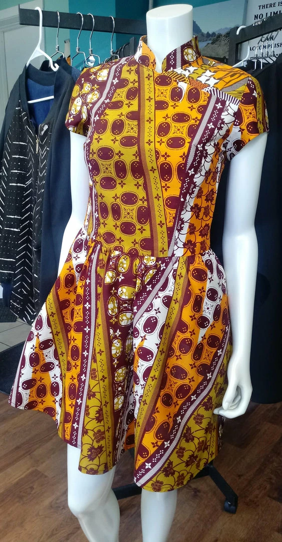 Tidal Cool Ankara Dress With Mandarin Neckline Made From African Wax Block Cotton
