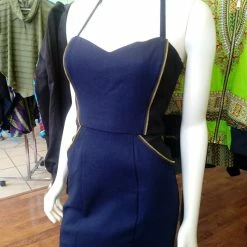 Tidal Cool Navy And Black Fitted Sweetheart Bombshell Dress In Stretch Denim With Zipper Piping