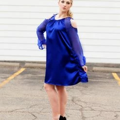Tidal Cool Beaded Royal Blue Satin Swing Dress With Shoulder Cutout