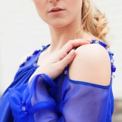 Tidal Cool Beaded Royal Blue Satin Swing Dress With Shoulder Cutout