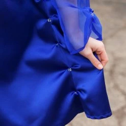 Tidal Cool Beaded Royal Blue Satin Swing Dress With Shoulder Cutout
