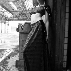 Tidal Cool Couture Evening Gown With Sequin Midriff Top And Lace Full Length Skirt With Tuxedo Stripes Dresses