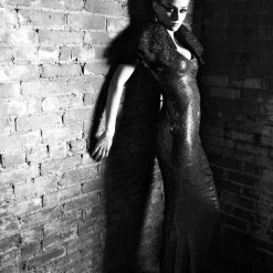 Tidal Cool Couture Sequin Gown With Avant Garde Layered Lace Sleeves Dresses