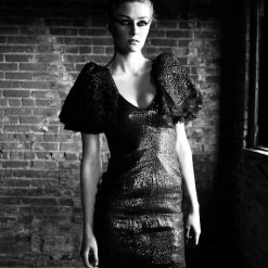 Tidal Cool Couture Sequin Gown With Avant Garde Layered Lace Sleeves Dresses