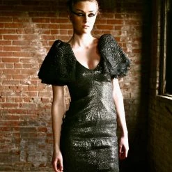 Tidal Cool Couture Sequin Gown With Avant Garde Layered Lace Sleeves Dresses