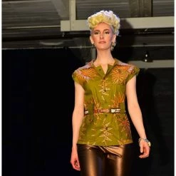 Tidal Cool Tops And Ponchos African Ankara Safari Top In Olive And Metallic Peach Wax Block Cotton