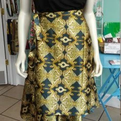 Tidal Cool Long Ballet Skirt In Fluid Silky Gold And Green Print With Wrap Closure Neckties, Vests, Pocket Squares And Cummerbunds