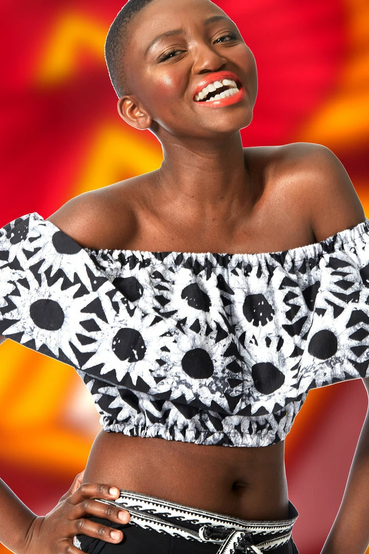 Tidal Cool Off Shoulder African Batik Flounce Crop Top Tops And Ponchos