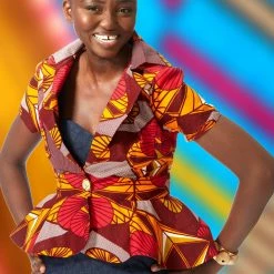 Tidal Cool Peplum Blazer In Graphic Wax Block Ankara, With Short Sleeves And Hi Low Hem Bomber Jackets