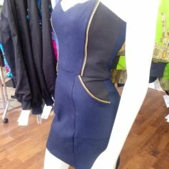 Tidal Cool Navy And Black Fitted Sweetheart Bombshell Dress In Stretch Denim With Zipper Piping