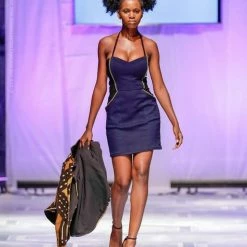 Tidal Cool Navy And Black Fitted Sweetheart Bombshell Dress In Stretch Denim With Zipper Piping