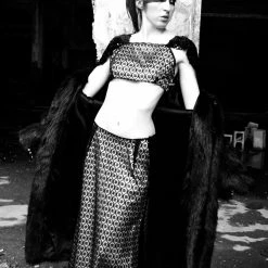 Tidal Cool Couture Evening Gown With Sequin Midriff Top And Lace Full Length Skirt With Tuxedo Stripes Dresses