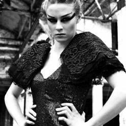 Tidal Cool Couture Sequin Gown With Avant Garde Layered Lace Sleeves Dresses