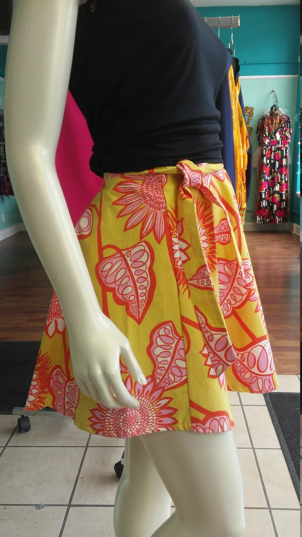 Tidal Cool A-Line Canvas Wrap Skirt In Pink And Yellow Floral Henna Art And Decor