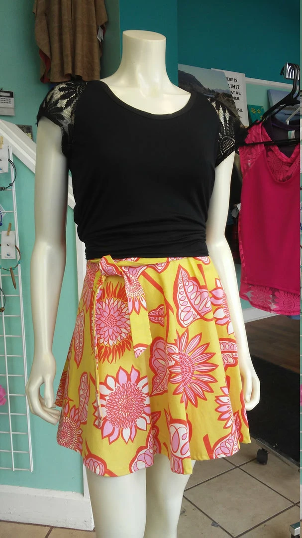 Tidal Cool A-Line Canvas Wrap Skirt In Pink And Yellow Floral Henna Art And Decor