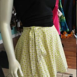 Tidal Cool A-Line Canvas Wrap Skirt In Yellow And Green Floral Henna Art And Decor