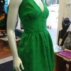 Tidal Cool Flirty Halter Sundress In Green Cotton Eyelet Lace Dresses
