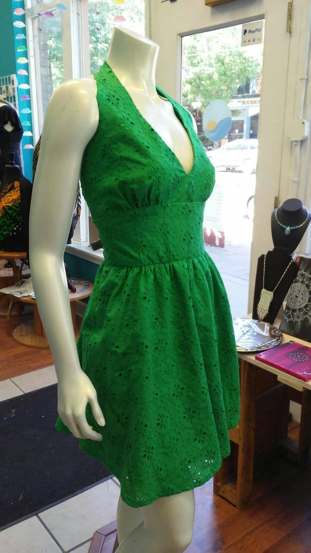 Tidal Cool Flirty Halter Sundress In Green Cotton Eyelet Lace Dresses