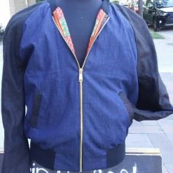 Tidal Cool Bomber Jackets Blue And Red Dashiki Unisex Bomber Jacket, Fully Reversible To Denim And Black