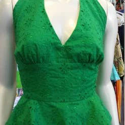 Tidal Cool Flirty Green Eyelet Lace Halter Top With Peplum