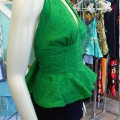 Tidal Cool Flirty Green Eyelet Lace Halter Top With Peplum