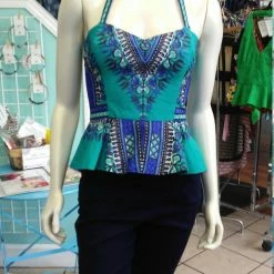 Tidal Cool Neckties, Vests, Pocket Squares And Cummerbunds Reversible Pin Up Halter With Fitted Bodice And Flirty Peplum In Teal And Blue Dashiki Print