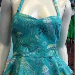 Tidal Cool Neckties, Vests, Pocket Squares And Cummerbunds Reversible Pin Up Halter With Fitted Bodice And Flirty Peplum In Underwater Sea Print