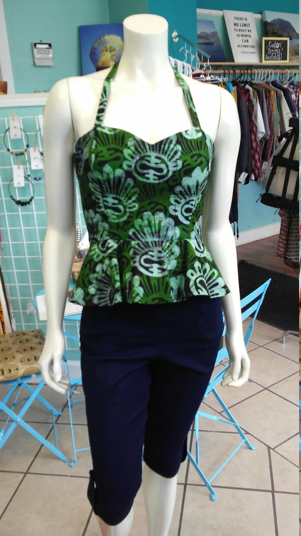 Tidal Cool Tops And Ponchos Reversible Batik Pin Up Halter With Fitted Bodice And Flirty Peplum