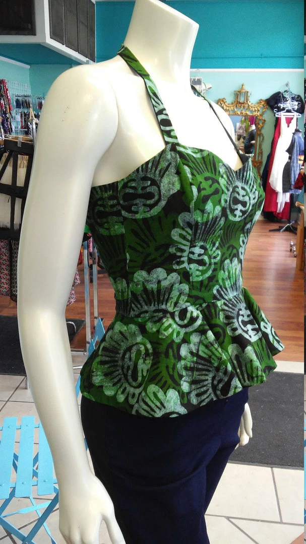 Tidal Cool Tops And Ponchos Reversible Batik Pin Up Halter With Fitted Bodice And Flirty Peplum