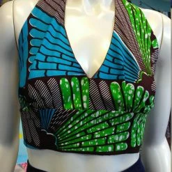 Tidal Cool Flirty Ankara Midriff Halter In Green And Brown African Wax Cotton Tops And Ponchos