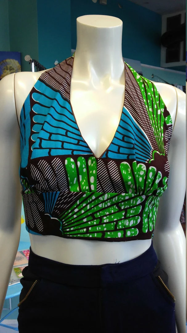 Tidal Cool Flirty Ankara Midriff Halter In Green And Brown African Wax Cotton Tops And Ponchos