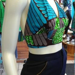 Tidal Cool Flirty Ankara Midriff Halter In Green And Brown African Wax Cotton Tops And Ponchos