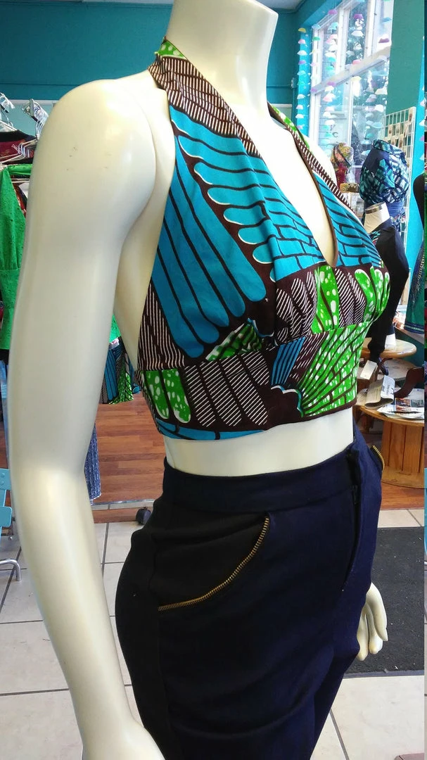 Tidal Cool Flirty Ankara Midriff Halter In Green And Brown African Wax Cotton Tops And Ponchos