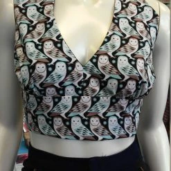 Tidal Cool Flirty Midriff Halter In Owl Print Cotton