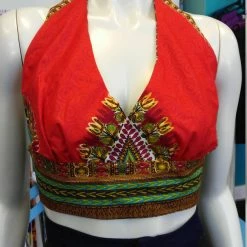 Tidal Cool Flirty Red Ankara Midriff Halter In African Wax Block Java Dashiki Cotton