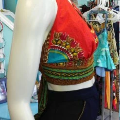 Tidal Cool Flirty Red Ankara Midriff Halter In African Wax Block Java Dashiki Cotton