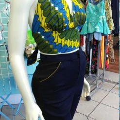 Tidal Cool Flirty Ankara Midriff Halter In Yellow And Blue African Wax Cotton Tops And Ponchos
