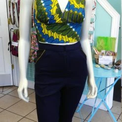 Tidal Cool Flirty Ankara Midriff Halter In Yellow And Blue African Wax Cotton Tops And Ponchos