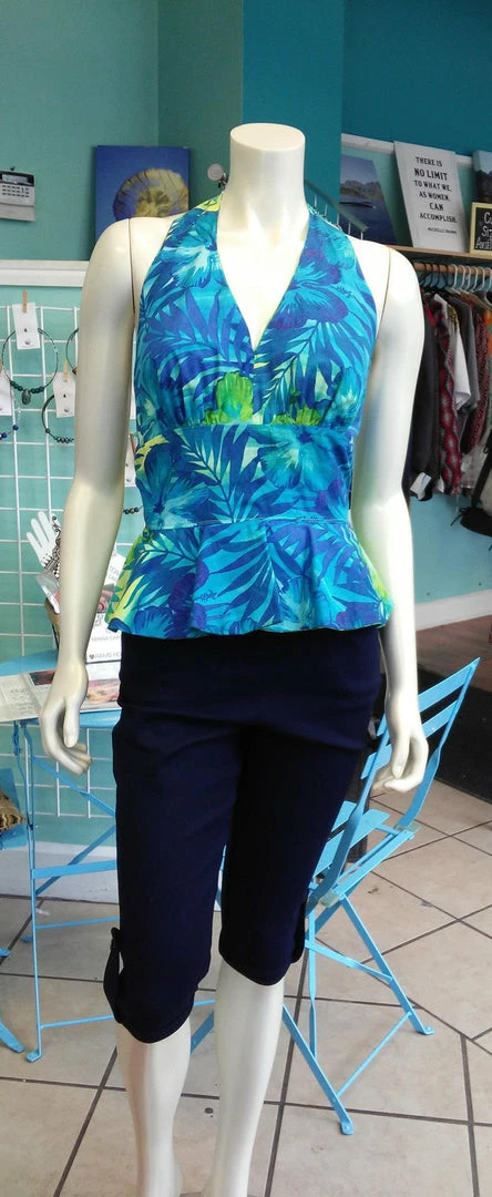 Tidal Cool Hawaiian Print Pinup Halter In Blue And Green Floral Print And Peplum Ruffle