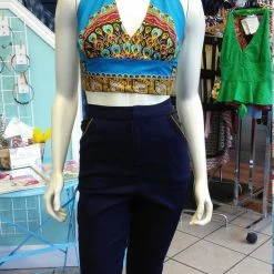 Tidal Cool Reversible Flirty Ankara Midriff Halter In African Peacock Dashiki Print